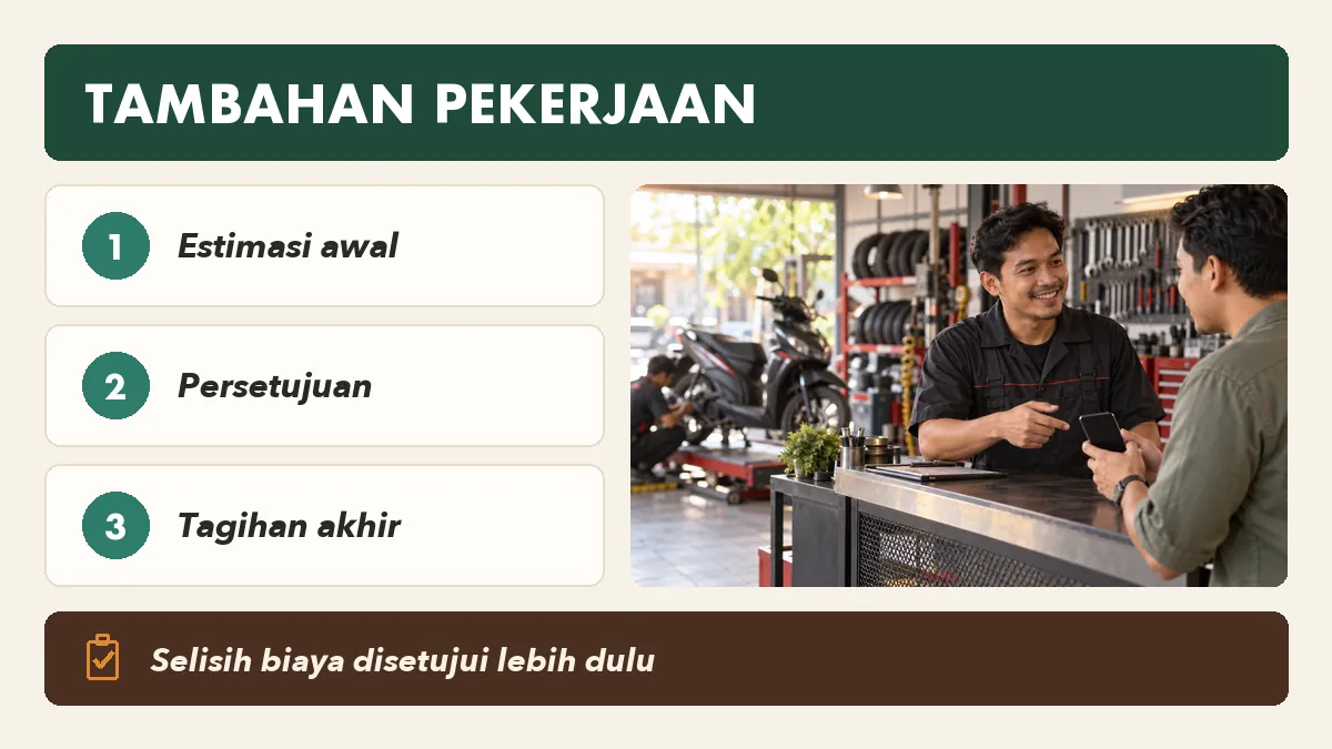 Skenario tambahan pekerjaan dan perubahan tagihan servis bengkel