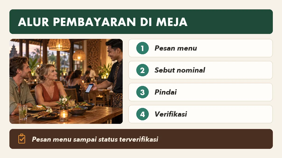 Alur pembayaran restoran dari pesan menu, pindai kode, sampai verifikasi status