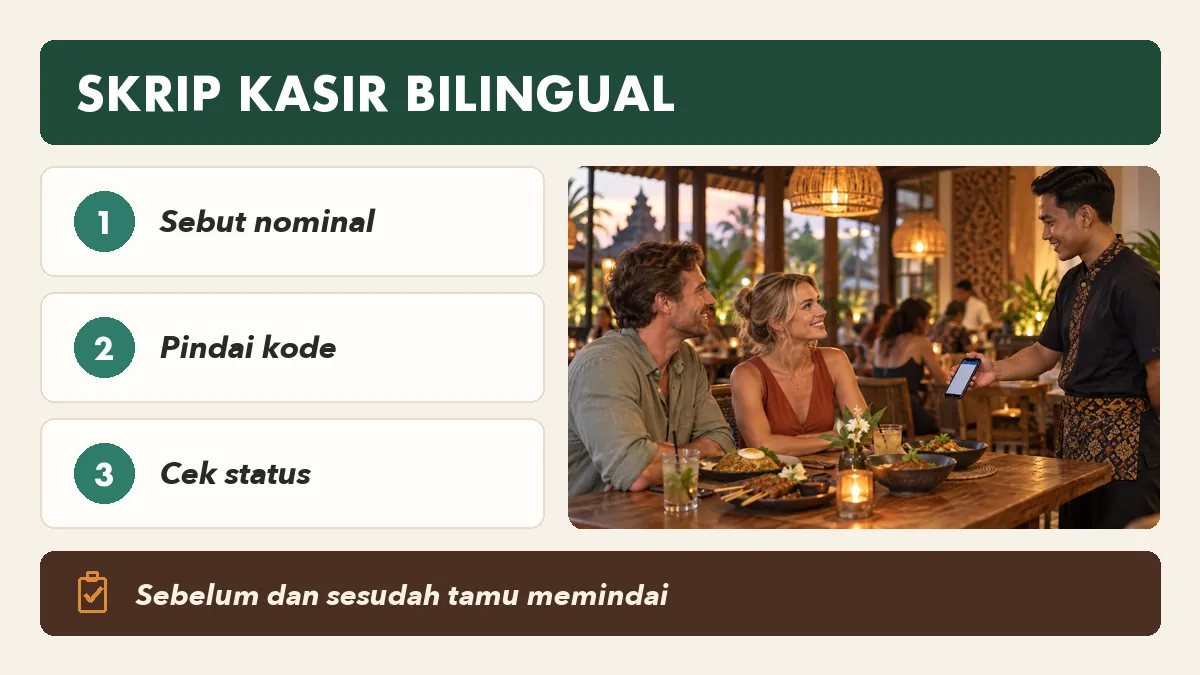 Skrip bilingual kasir restoran sebelum dan sesudah tamu asing memindai QRIS