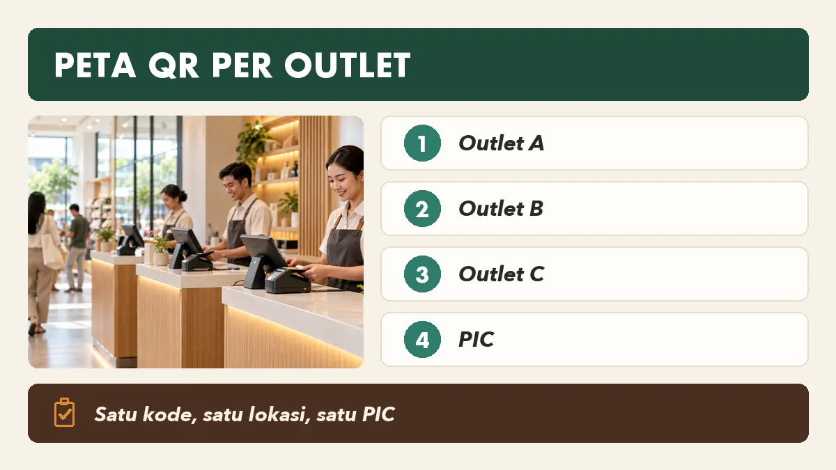 Pemetaan kode QR ke outlet, lokasi, dan penanggung jawab