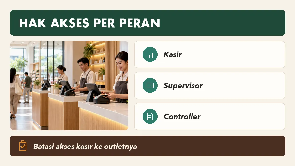 Perbandingan hak akses kasir, supervisor, dan controller pada QRIS multi-outlet