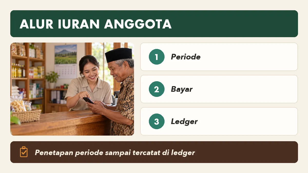Alur iuran anggota dari penetapan periode sampai tercatat di ledger