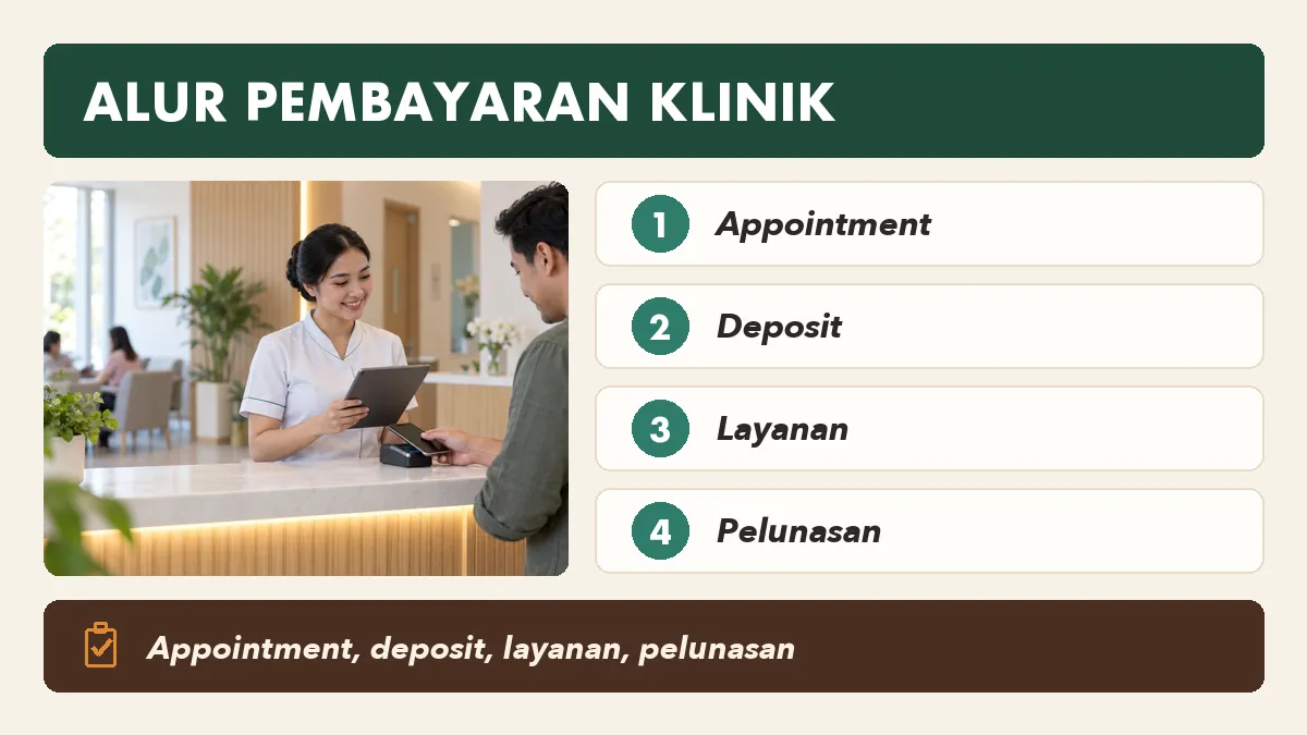 Alur pembayaran klinik dari appointment, deposit, layanan, sampai pelunasan
