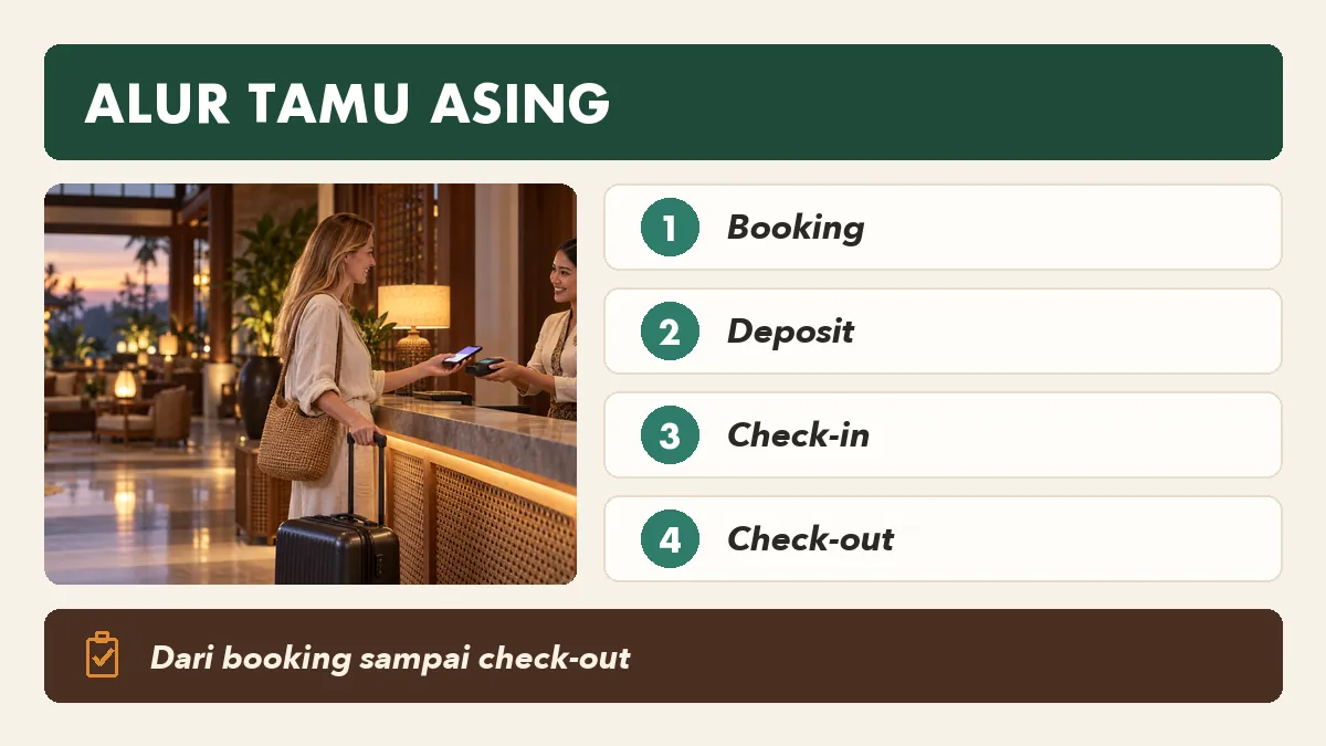 Alur pembayaran tamu asing di hotel dari booking sampai check-out