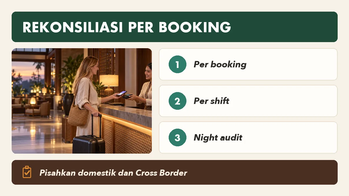Contoh rekonsiliasi pembayaran tamu asing per booking dan per shift