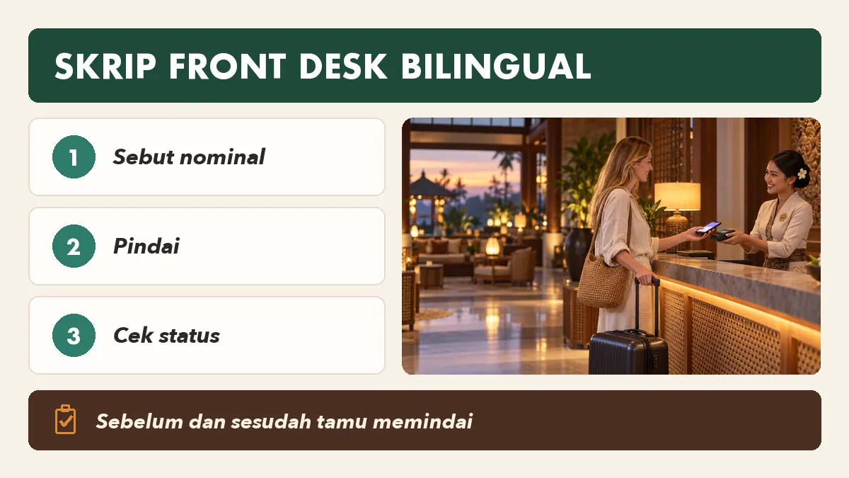 Skrip bilingual front desk hotel sebelum dan sesudah tamu memindai QRIS