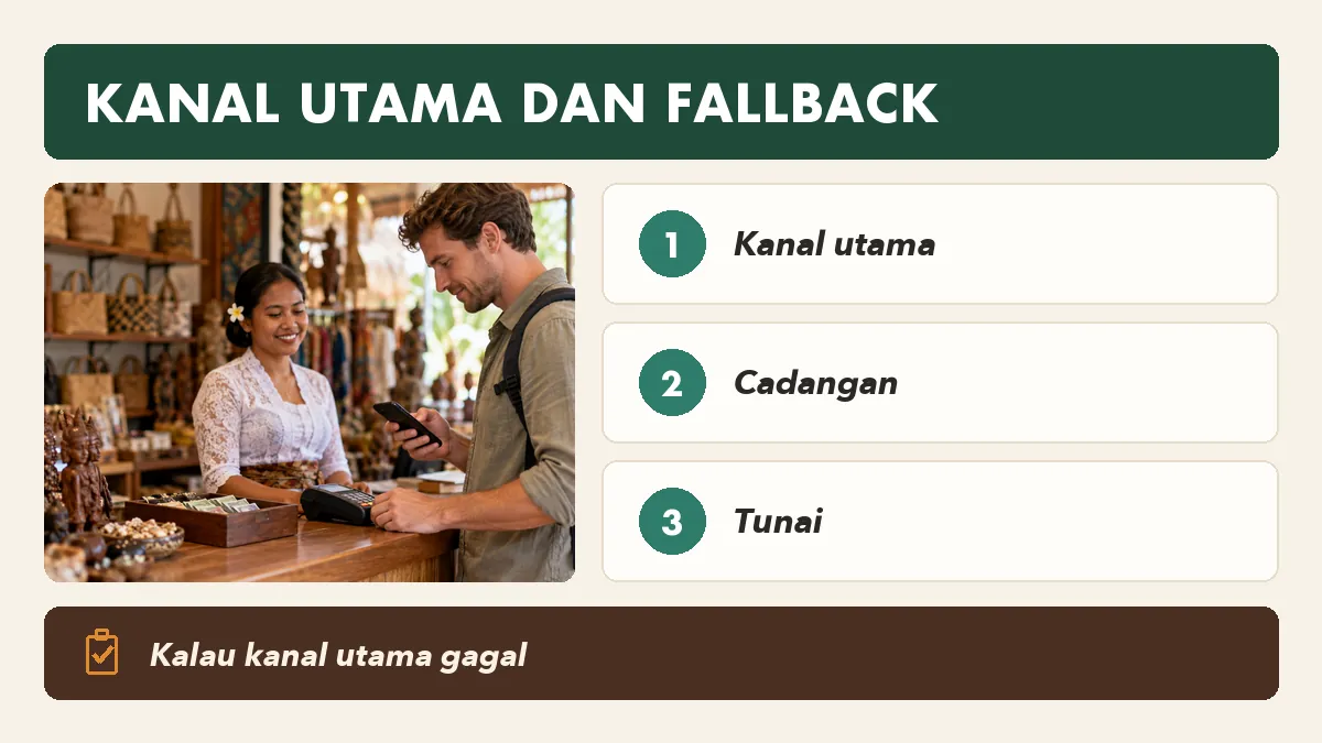 Urutan kanal pembayaran dan alur fallback di kasir wisata