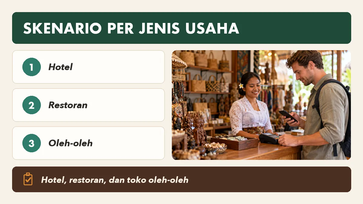 Skenario pemilihan kanal pembayaran di hotel, restoran, dan toko oleh-oleh