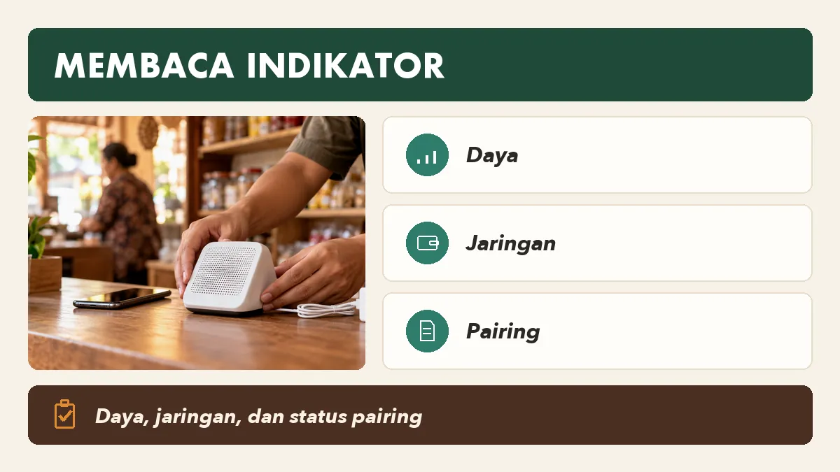 Indikator daya, jaringan, dan pairing berhasil pada soundbox QRIS