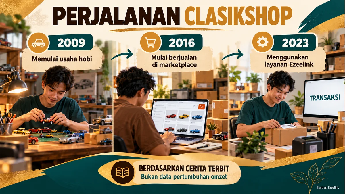 Timeline ClasikShop berdasarkan cerita terbit: usaha dimulai 2009, marketplace 2016, dan Ezeelink 2023.