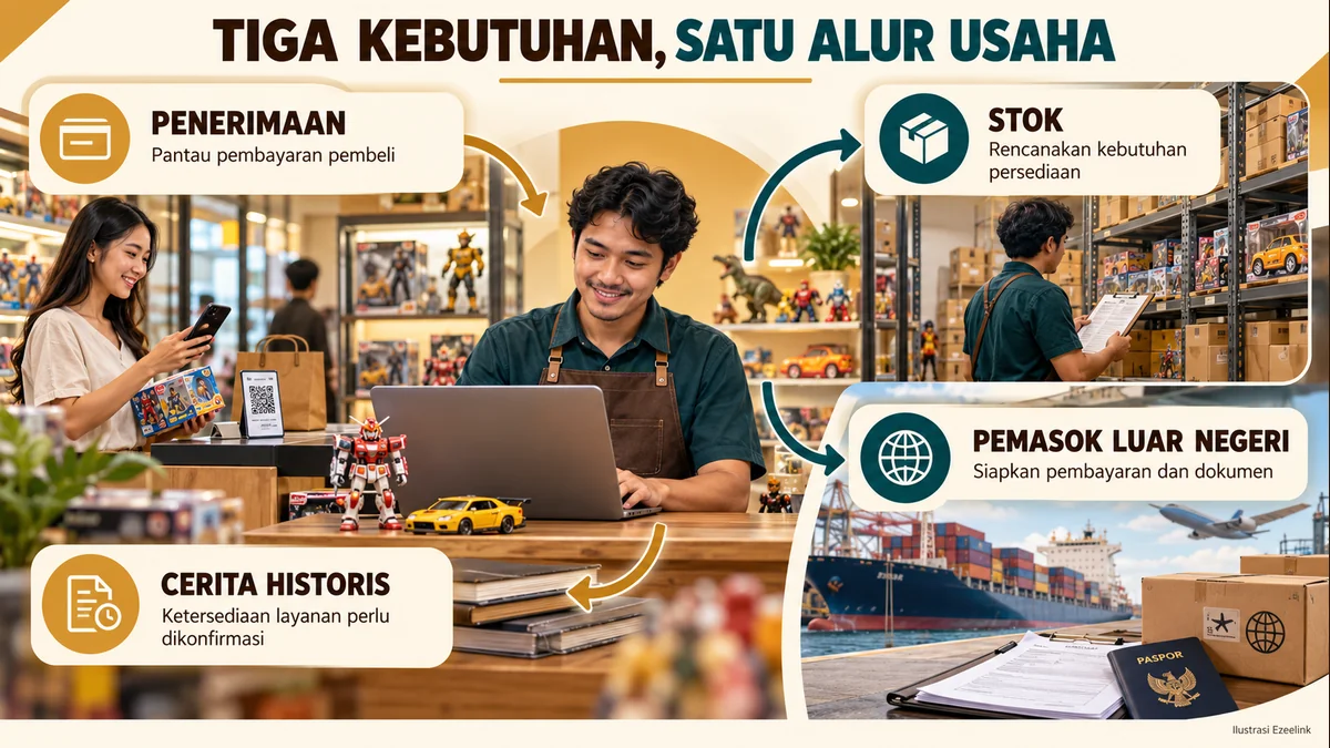 Tiga kebutuhan ClasikShop dalam cerita: penerimaan pembayaran, persediaan, dan pemasok luar negeri.