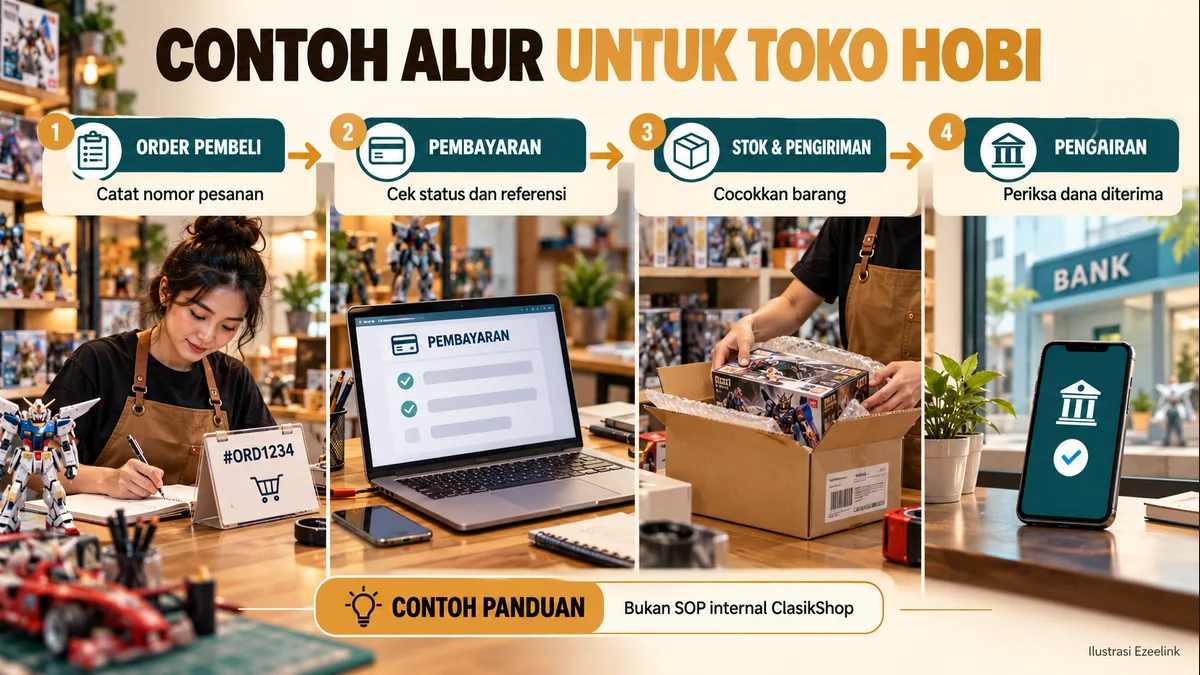 Contoh alur toko hobi mencocokkan pesanan, pembayaran, barang, dan pencairan.