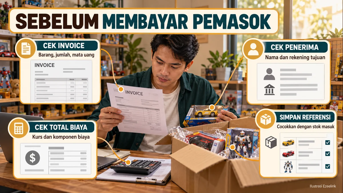 Checklist pembayaran pemasok: invoice, penerima, total biaya, dan referensi untuk stok masuk.