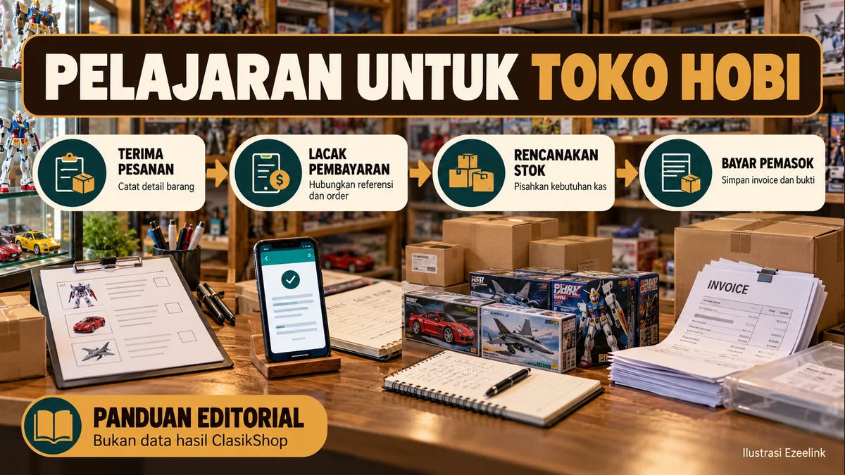 Panduan toko hobi menghubungkan pesanan, pembayaran, rencana stok, dan bukti pembayaran pemasok.