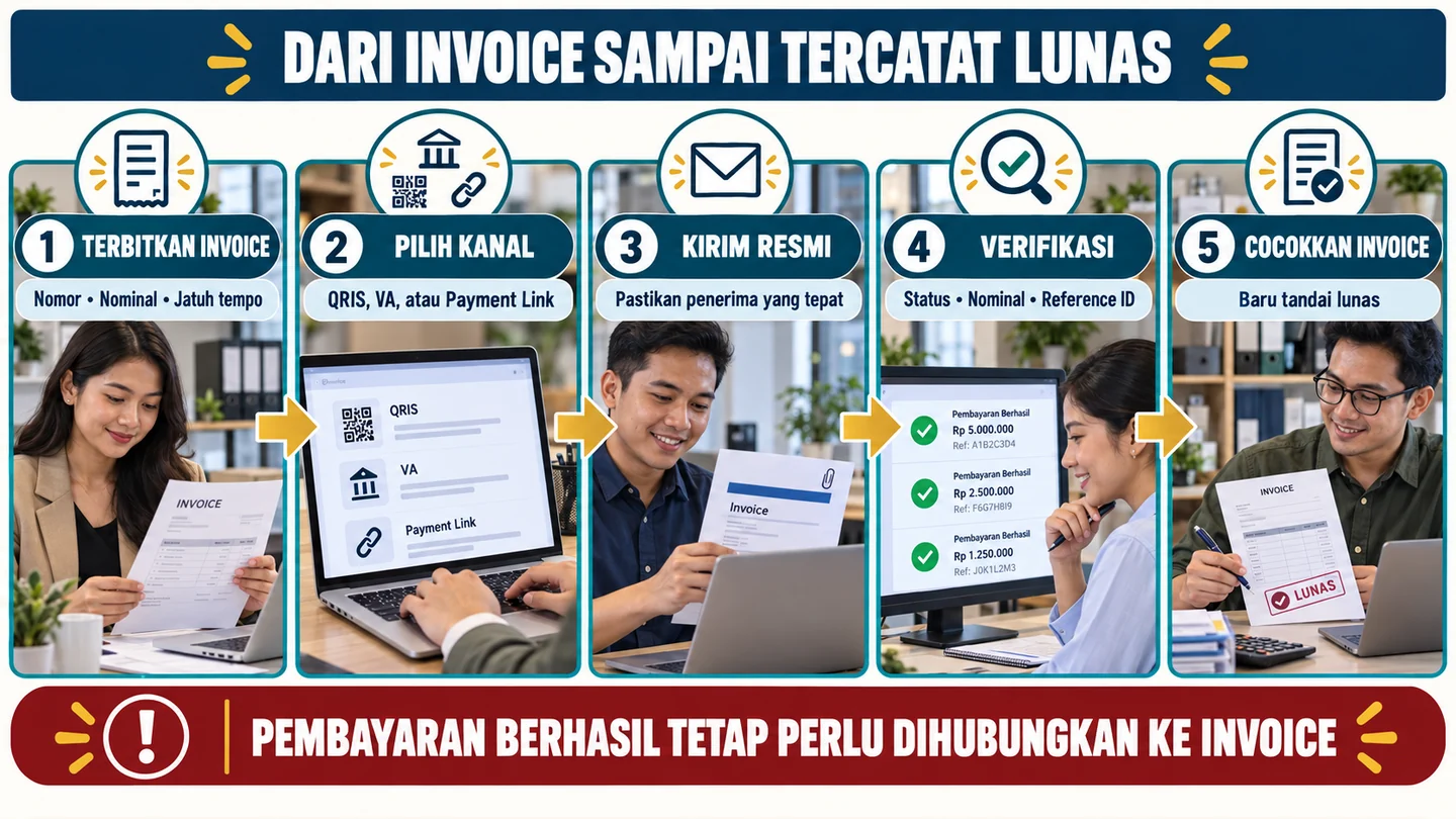 Lima panel memperlihatkan pembuatan invoice, pemilihan kanal, pengiriman resmi, verifikasi status, dan pencocokan pembayaran.