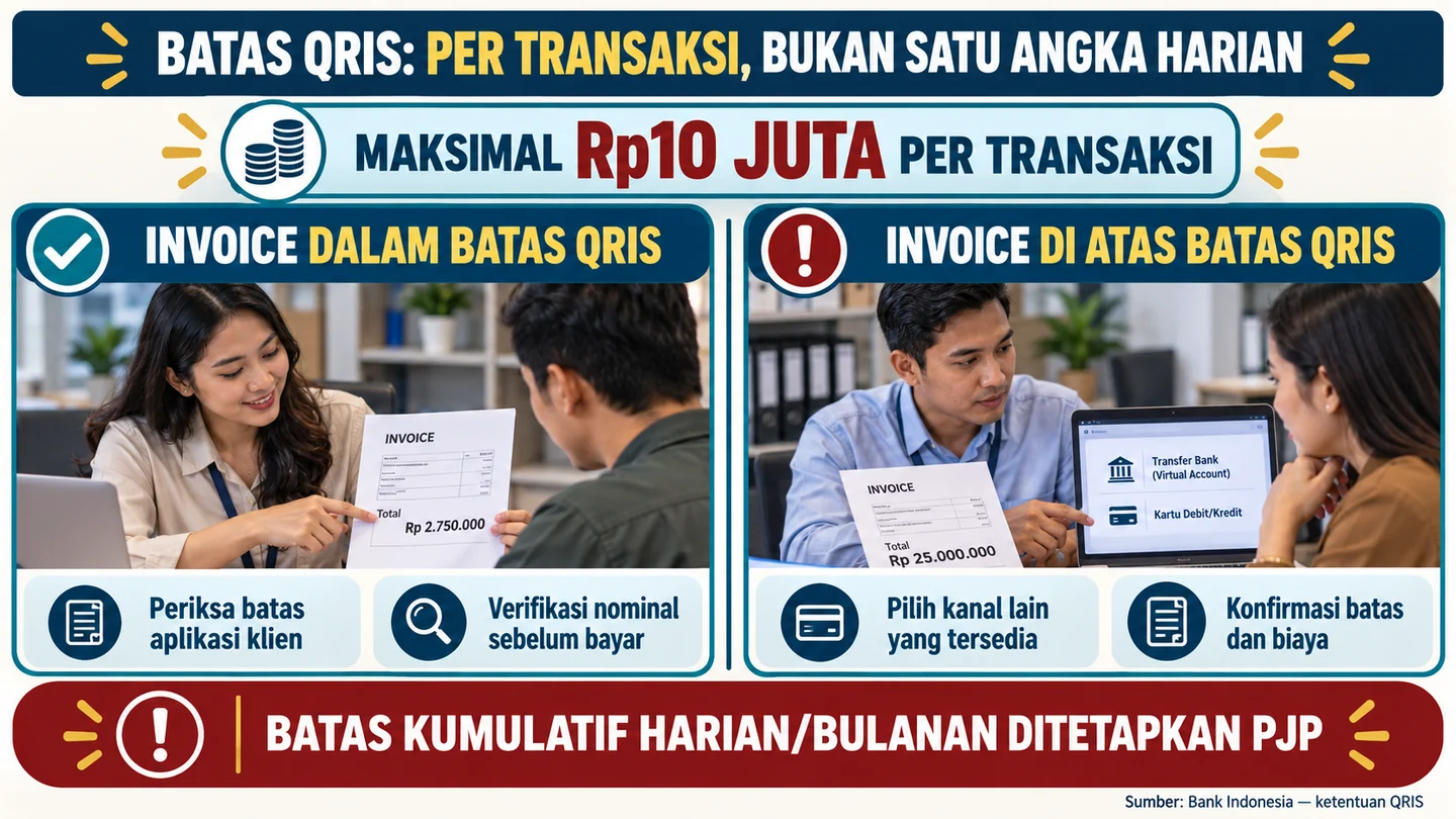 Skenario invoice Rp2,75 juta dan Rp25 juta dengan pemeriksaan batas QRIS per transaksi dan limit aplikasi klien.