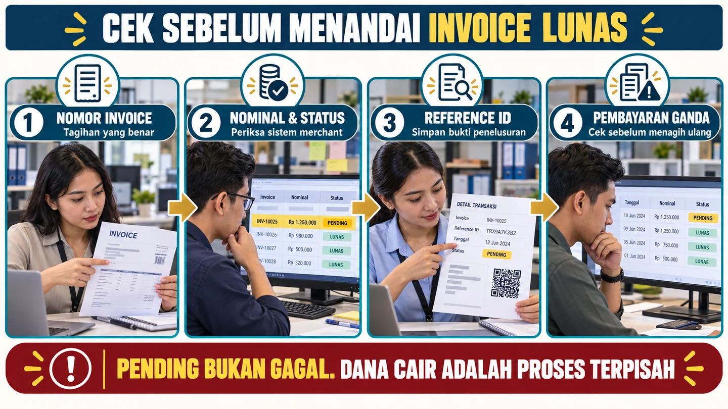 Checklist empat pemeriksaan invoice dan peringatan bahwa pending bukan gagal serta pencairan merupakan proses terpisah.