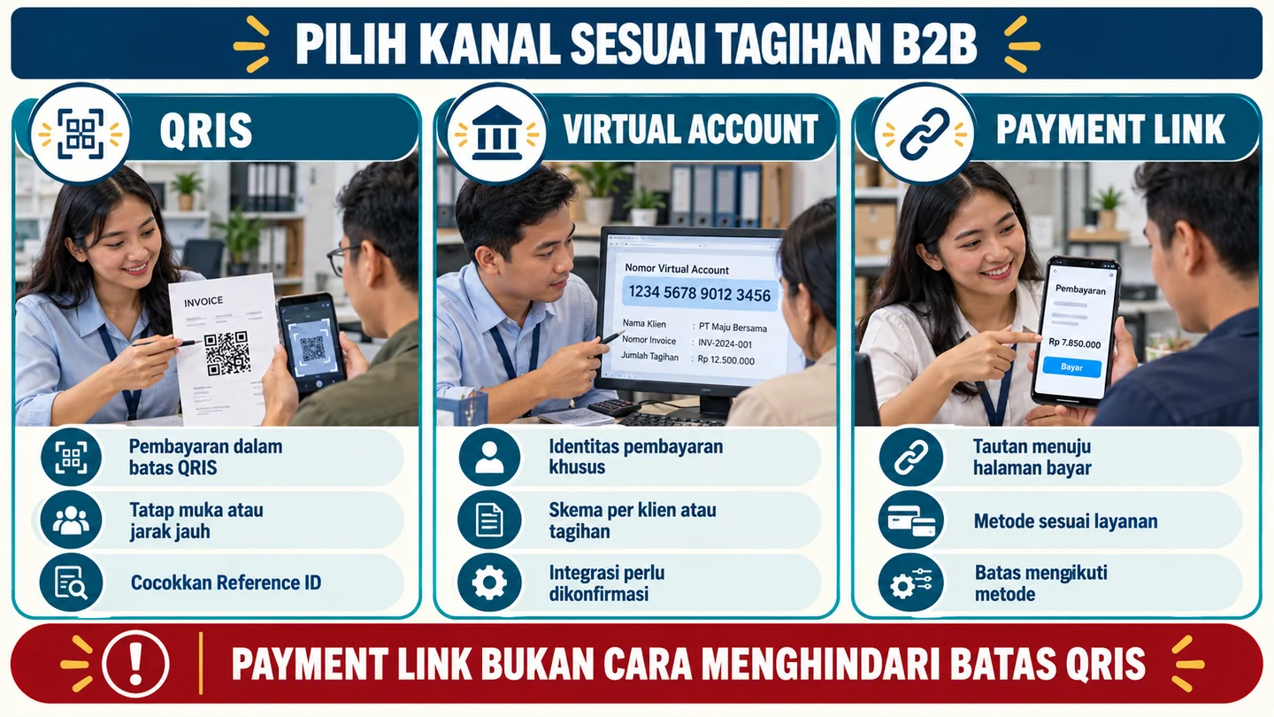 Tiga kolom membandingkan QRIS, virtual account, dan payment link untuk kebutuhan tagihan bisnis.