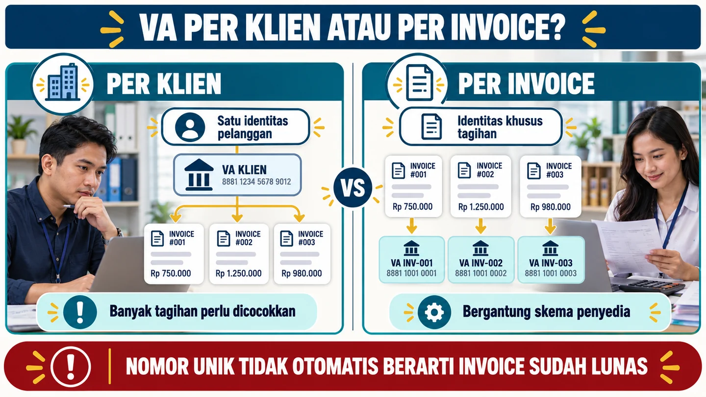 Perbandingan satu identitas VA pelanggan untuk beberapa invoice dengan identitas VA berbeda bagi setiap invoice.