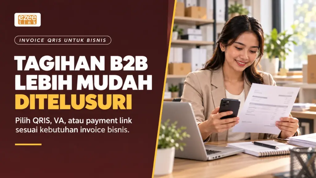 Cover invoice QRIS B2B dengan staf finance memeriksa invoice dan ponsel; pilihan QRIS, VA, atau payment link untuk tagihan.