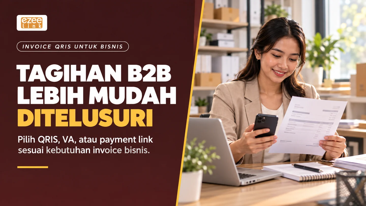 Cover invoice QRIS B2B dengan staf finance memeriksa invoice dan ponsel; pilihan QRIS, VA, atau payment link untuk tagihan.