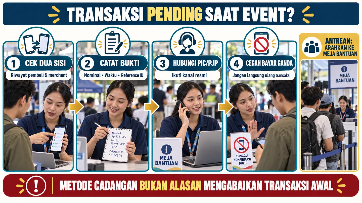 Empat langkah penanganan pending serta jalur antrean menuju meja bantuan tanpa langsung mengulang pembayaran.