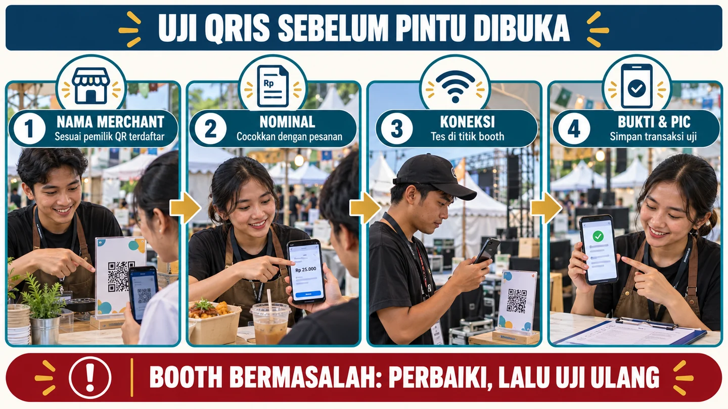 Empat panel uji QRIS event memeriksa nama merchant, nominal, koneksi lokasi, dan bukti transaksi beserta PIC.