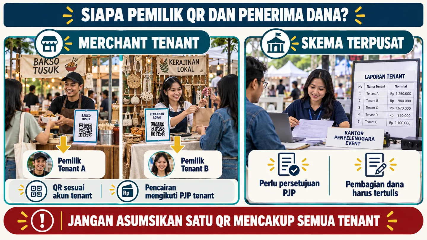 Dua skema pembayaran event: QR sesuai akun tenant dan pengelolaan terpusat dengan persetujuan PJP serta aturan pembagian d.