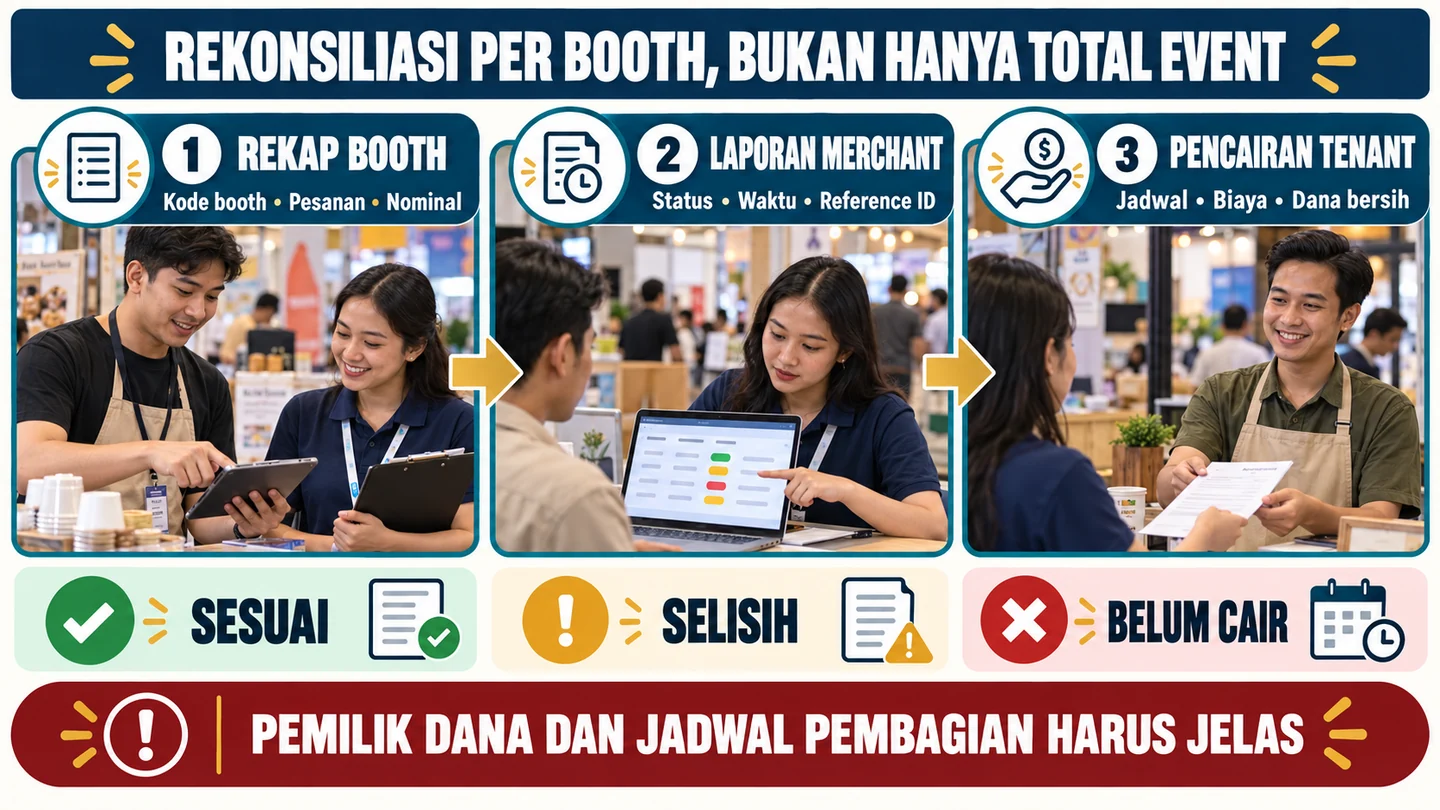 Tiga sumber rekonsiliasi event beserta kategori hasil sesuai, selisih, dan belum cair.