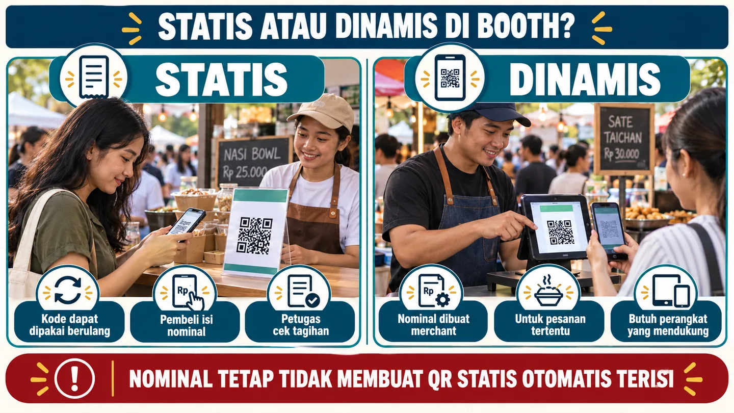 Dua booth membandingkan QRIS statis dengan input pembeli dan QRIS dinamis dengan nominal yang dibuat merchant.