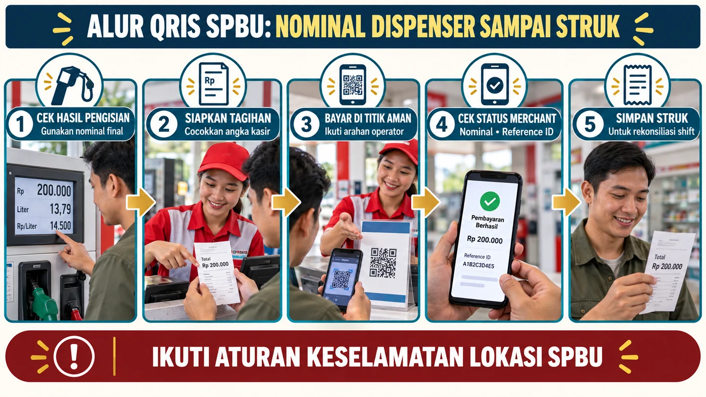 Lima langkah pembayaran BBM setelah pengisian, dengan pembayaran di titik aman dan verifikasi sistem merchant.