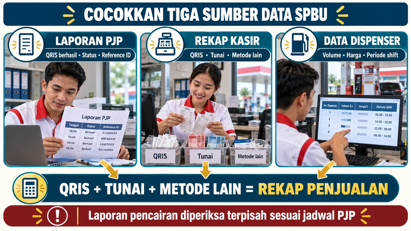Diagram tiga sumber rekonsiliasi SPBU dengan pemeriksaan pencairan sebagai proses terpisah.