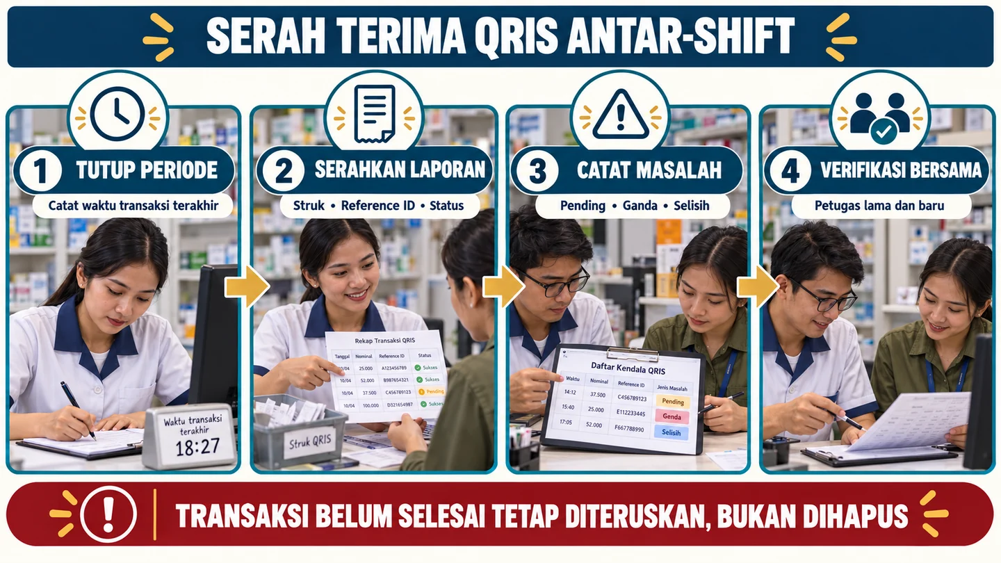 Linimasa serah terima shift SPBU dengan laporan periode, daftar kasus, dan verifikasi dua petugas.