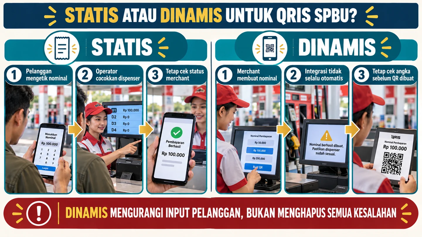 Dua panel QRIS SPBU menunjukkan input pembeli pada QR statis dan nominal merchant pada QR dinamis, dengan pemeriksaan tagi.