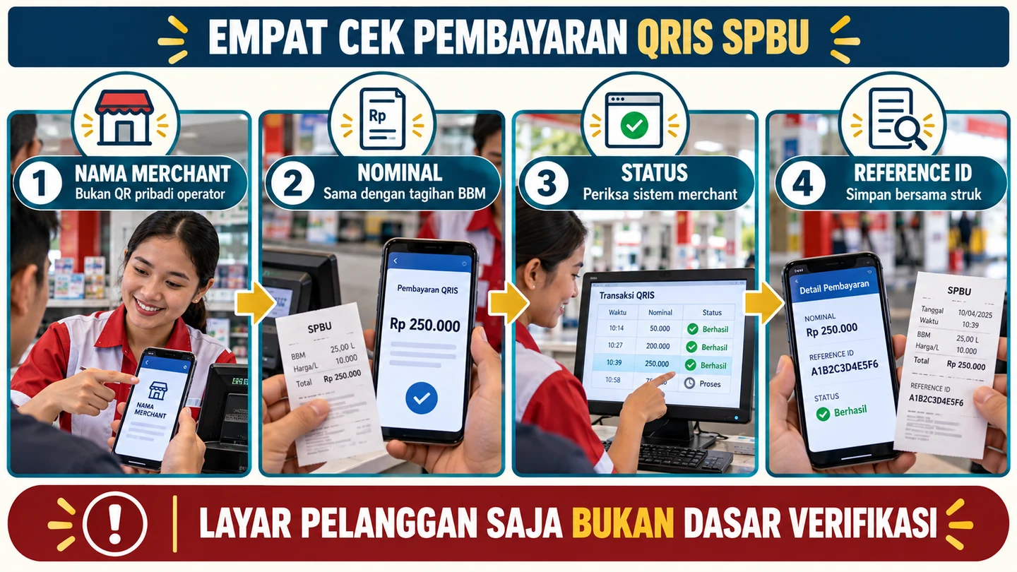 Checklist verifikasi QRIS SPBU di sisi merchant dan peringatan terhadap penggunaan QR pribadi operator.