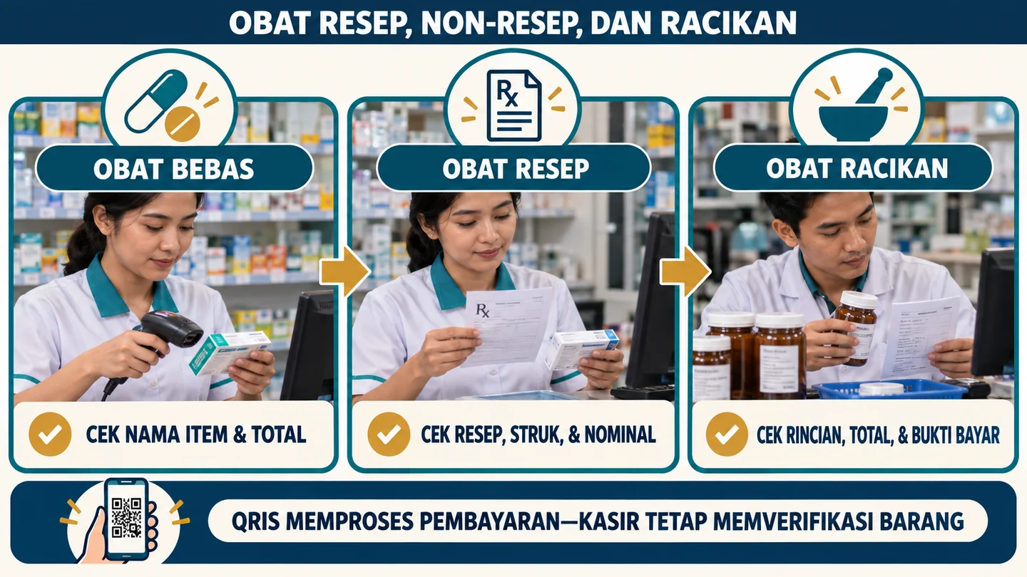 Pemeriksaan item dan pembayaran pada obat bebas, obat resep, dan obat racikan di apotek.