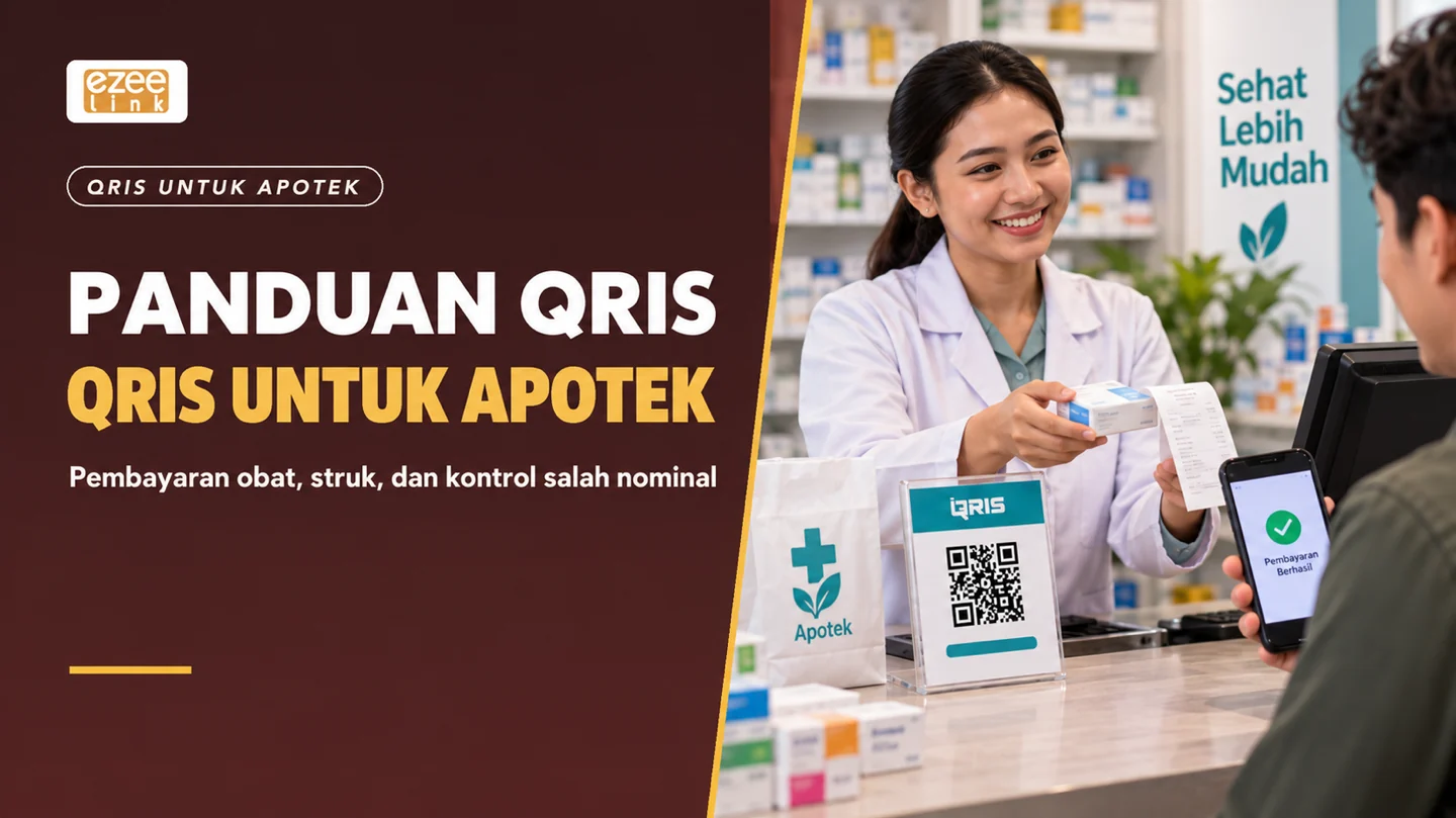 Apoteker dan pelanggan memeriksa pembayaran QRIS obat di kasir apotek.