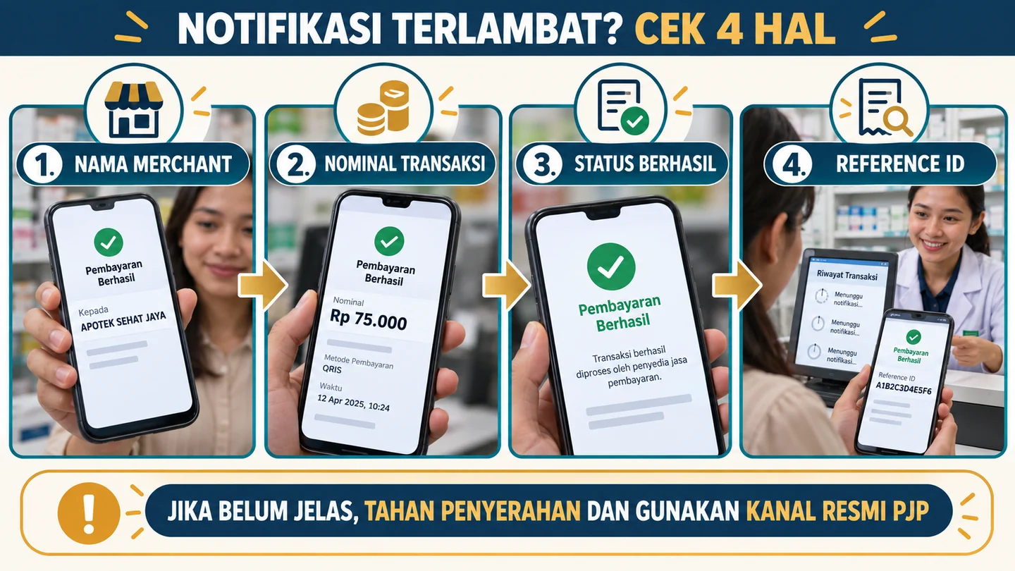 Checklist nama merchant, nominal, status, dan Reference ID saat notifikasi QRIS terlambat.