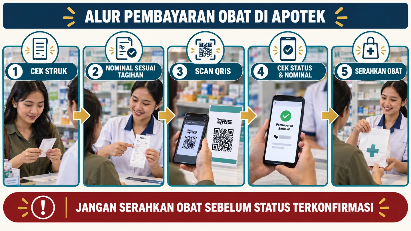 Lima langkah pembayaran QRIS obat dari cek struk hingga verifikasi sebelum obat diserahkan.