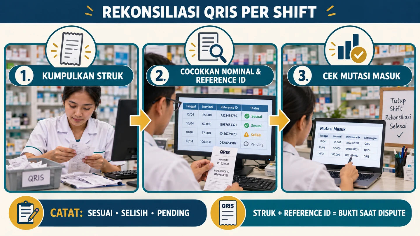 Alur rekonsiliasi shift apotek mencocokkan struk, Reference ID, dan laporan pembayaran.