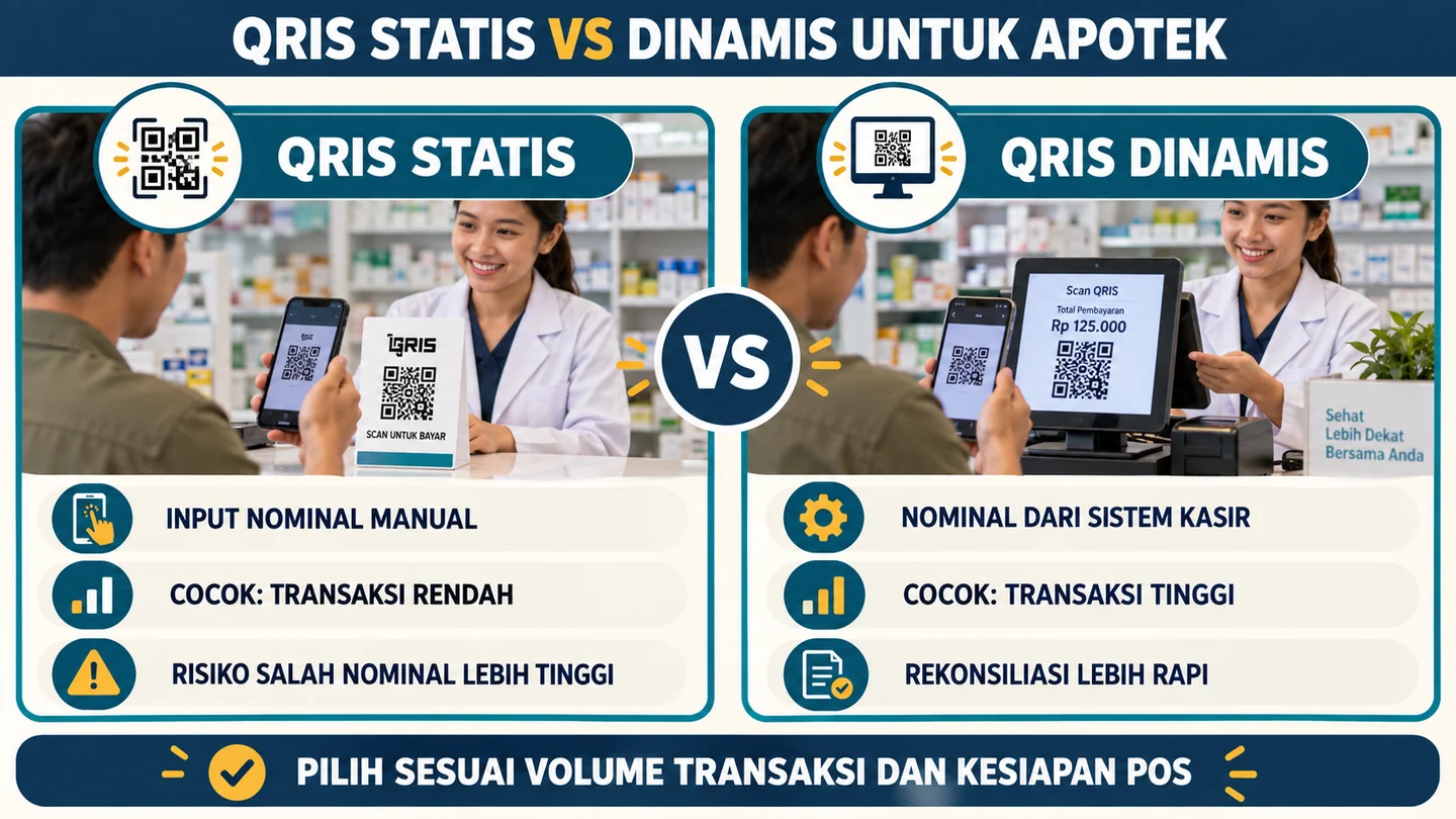 Perbandingan input nominal QRIS statis dan dinamis serta kontrol kasir apotek.