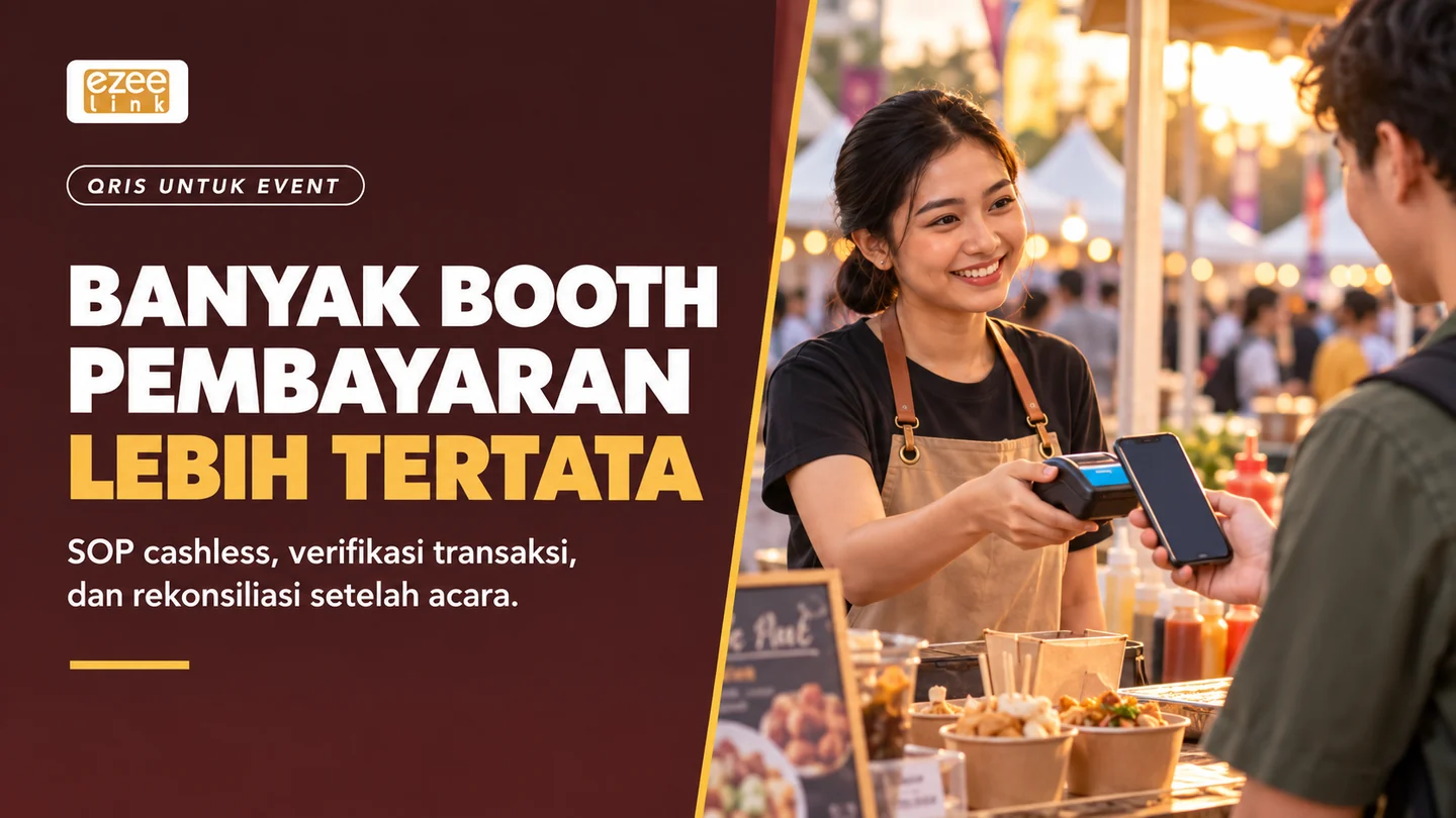 Cover QRIS untuk event menampilkan transaksi di booth festival; fokus pada verifikasi pembayaran dan rekonsiliasi multi-bo.