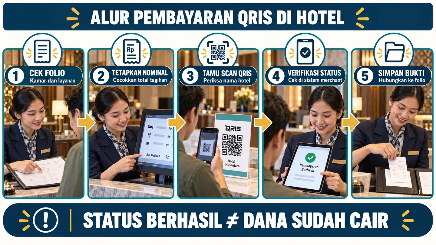 Lima panel staf hotel memeriksa folio dan nominal, tamu memindai QRIS, staf memverifikasi status merchant lalu menyimpan b.