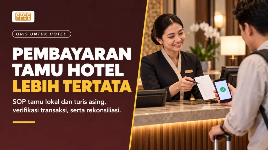 Cover QRIS untuk hotel dengan resepsionis memeriksa tagihan tamu; menekankan SOP verifikasi pembayaran dan rekonsiliasi.