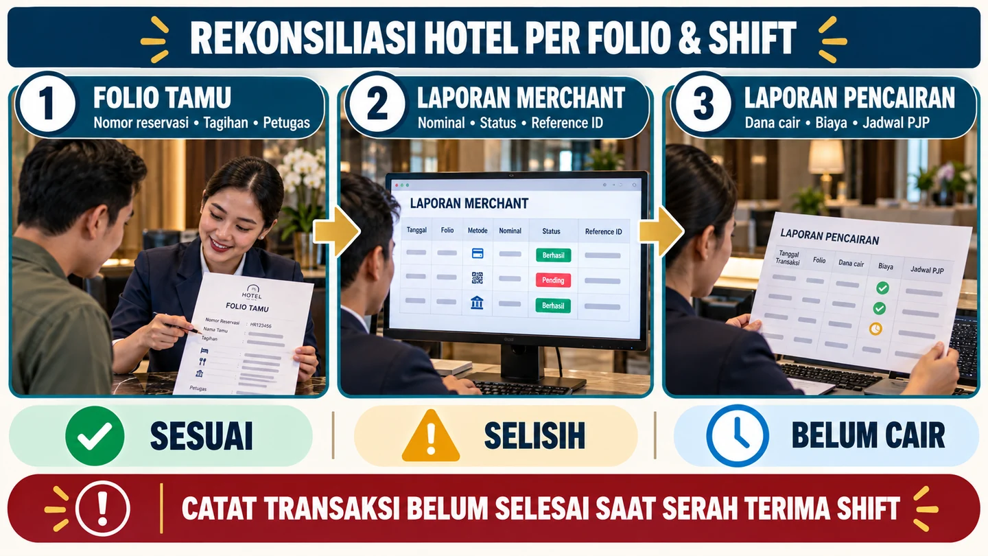 Tiga sumber rekonsiliasi QRIS hotel: folio tamu, laporan merchant berisi Reference ID, dan laporan pencairan.
