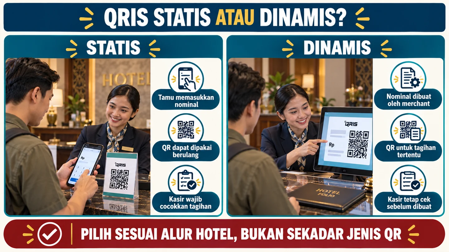 Perbandingan dua sisi QRIS statis dan dinamis di resepsionis hotel, dengan tanggung jawab input nominal dan pemeriksaan ka.