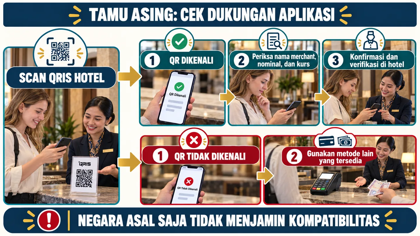 Diagram keputusan QRIS untuk tamu asing di hotel: QR dikenali menuju pemeriksaan nominal dan kurs, QR tidak dikenali menuj.