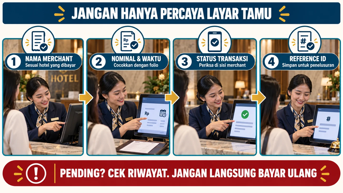 Checklist verifikasi QRIS hotel memeriksa nama merchant, nominal dan waktu, status sistem merchant, serta Reference ID.
