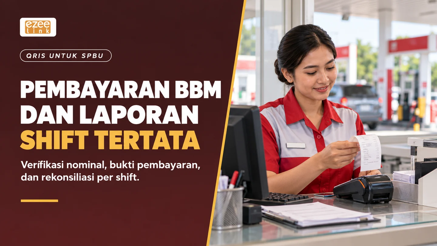 Cover QRIS untuk SPBU menampilkan kasir di dalam kios memeriksa struk; fokus pada nominal pembayaran BBM dan laporan shift.